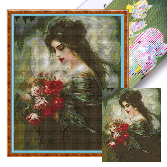 Beautiful Girl Smelling Flowers 3 - 14CT Stamped Cross Stitch 41*48CM(Joy Sunday)