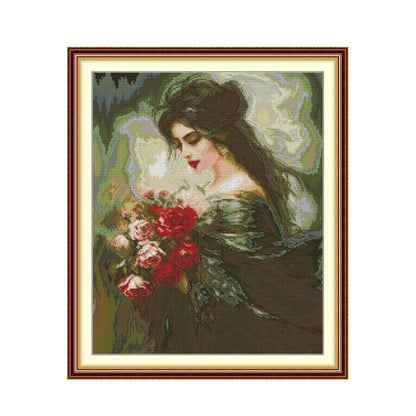 Beautiful Girl Smelling Flowers 3 - 14CT Stamped Cross Stitch 41*48CM(Joy Sunday)