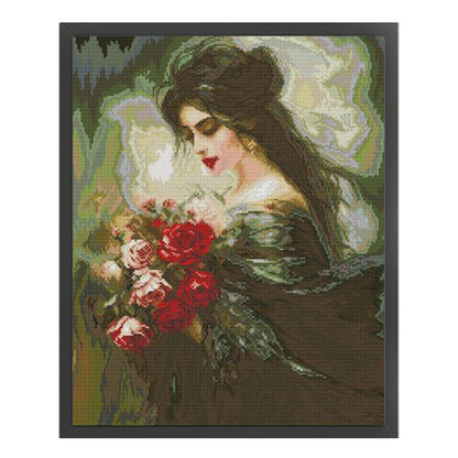 Beautiful Girl Smelling Flowers 3 - 14CT Stamped Cross Stitch 41*48CM(Joy Sunday)