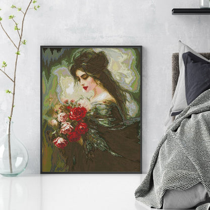 Beautiful Girl Smelling Flowers 3 - 14CT Stamped Cross Stitch 41*48CM(Joy Sunday)