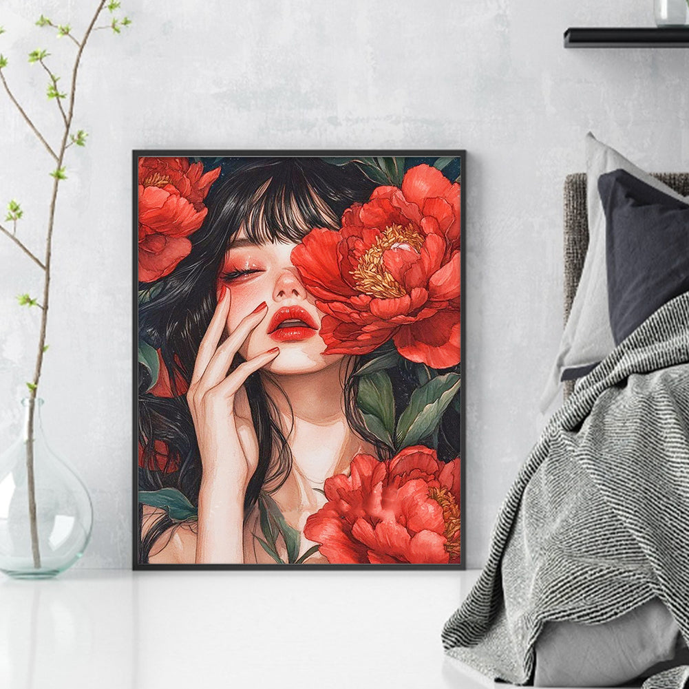 Peony Girl - 11CT Stamped Cross Stitch 45*55CM