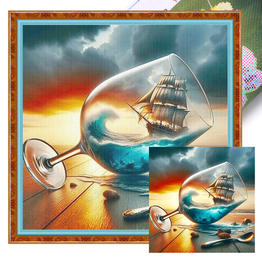 Wine Glass Sailboats - 11CT Stamped Cross Stitch 40*40CM