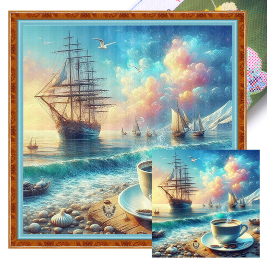 Coffee Sailboats - 11CT Stamped Cross Stitch 40*40CM