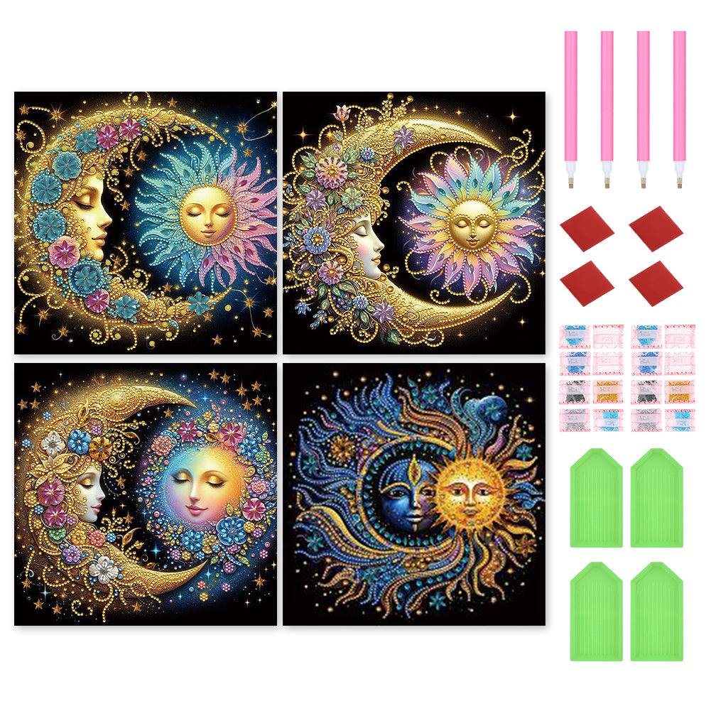 4 Pcs Flowers, Stars And Moon - Special Shaped Drill Diamond Painting 30*30CM