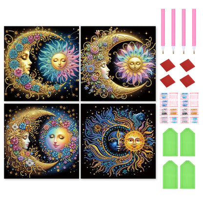 4 Pcs Flowers, Stars And Moon - Special Shaped Drill Diamond Painting 30*30CM