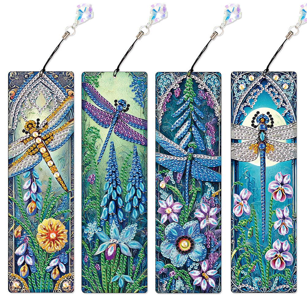 4Pcs Special Shape Dragonfly DIY Bookmarks Diamond Painting Kits for Book Lovers