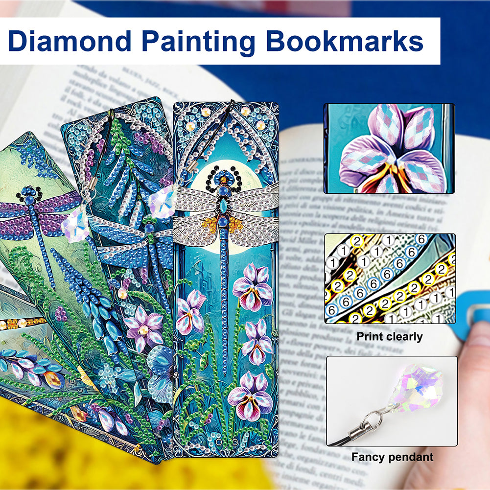 4Pcs Special Shape Dragonfly DIY Bookmarks Diamond Painting Kits for Book Lovers