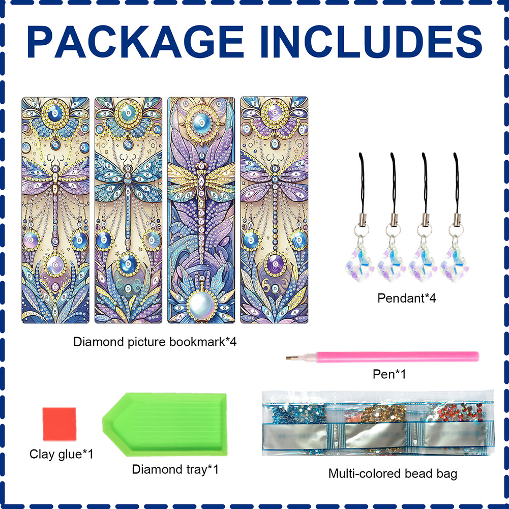 4Pcs Special Shape Dragonfly DIY Bookmarks Diamond Painting Kits for Book Lovers