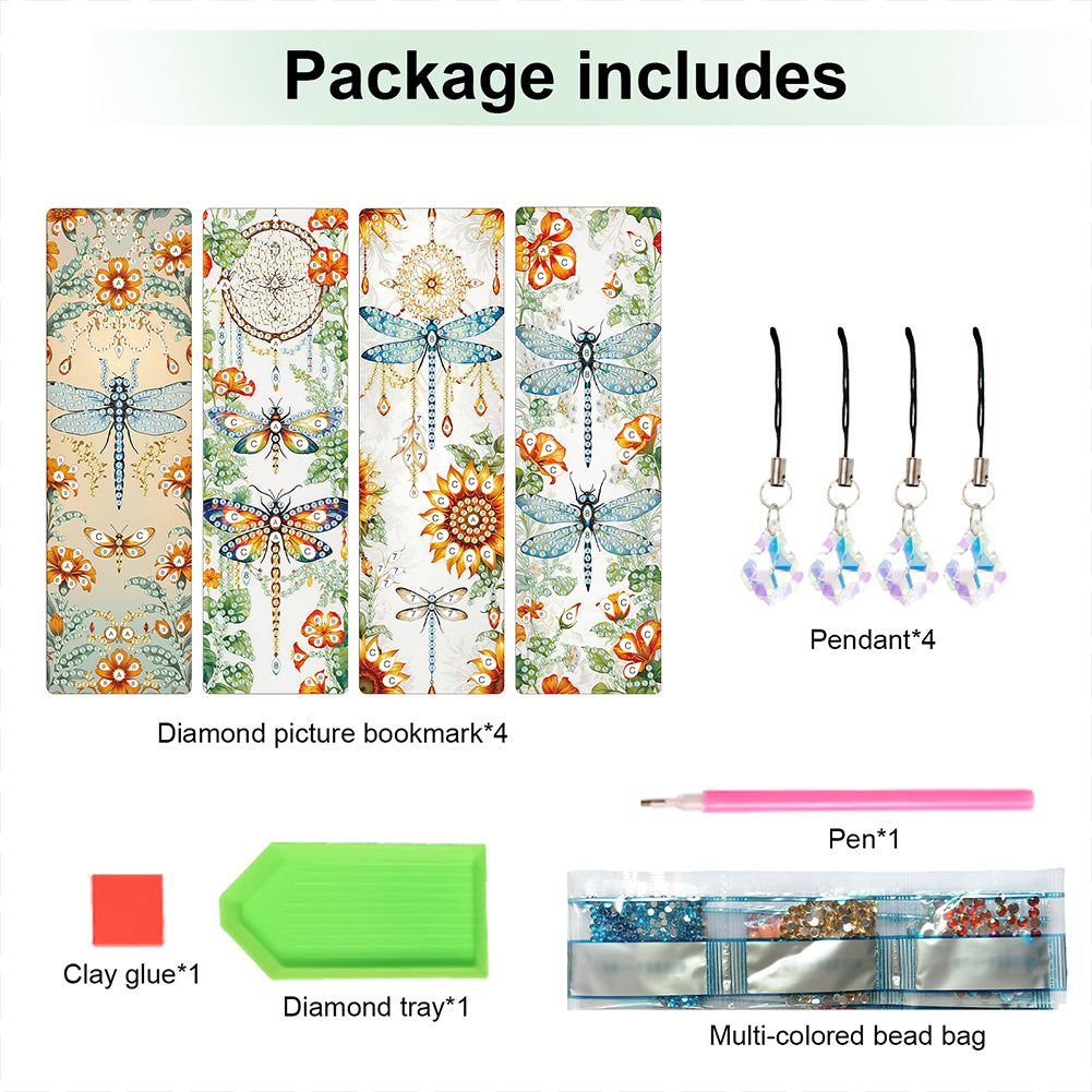 4Pcs Special Shape Dragonfly DIY Bookmarks Diamond Painting Kits for Book Lovers
