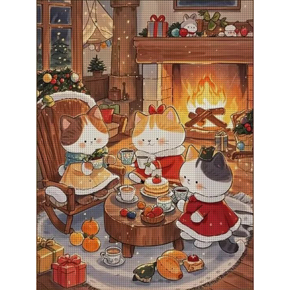 Cartoon Christmas Cat - 11CT Stamped Cross Stitch 45*60CM