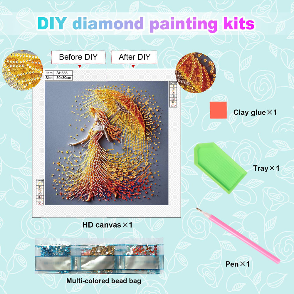 Elegant Umbrella Beauty - Special Shaped Drill Diamond Painting 30*30CM