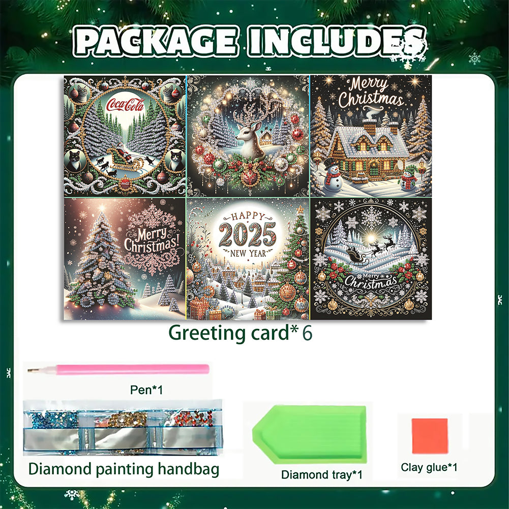 6PCS DIY Diamond Art Greeting Cards Xmas Designs for Festivals and Celebrations