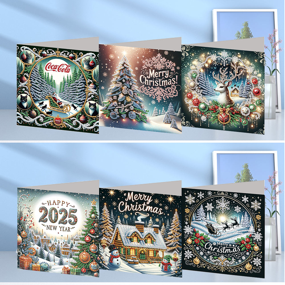 6PCS DIY Diamond Art Greeting Cards Xmas Designs for Festivals and Celebrations