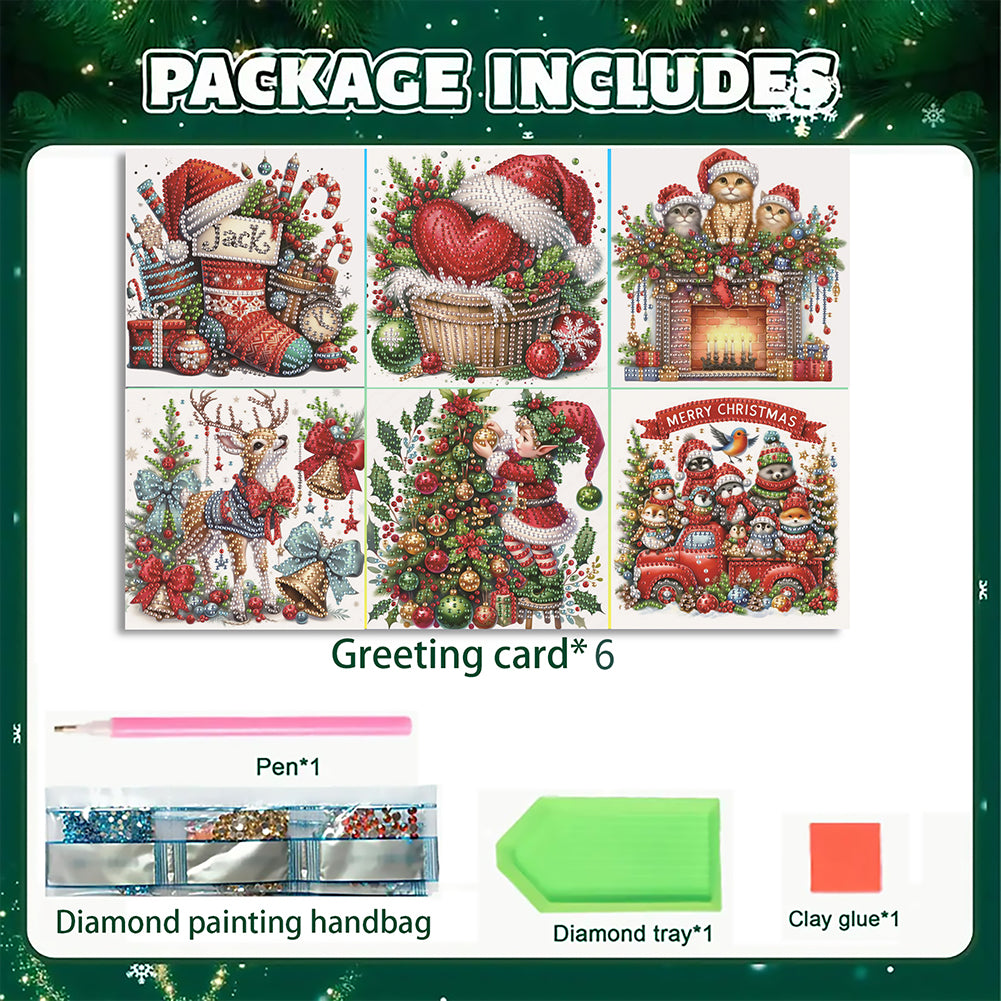6PCS DIY Diamond Art Greeting Cards Xmas Designs for Festivals and Celebrations