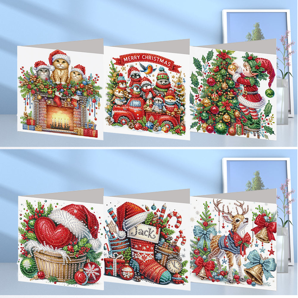 6PCS DIY Diamond Art Greeting Cards Xmas Designs for Festivals and Celebrations
