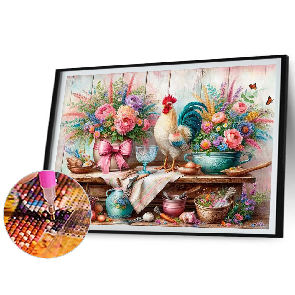 Retro Rooster Kitchen - Full Round Drill Diamond Painting 50*40CM