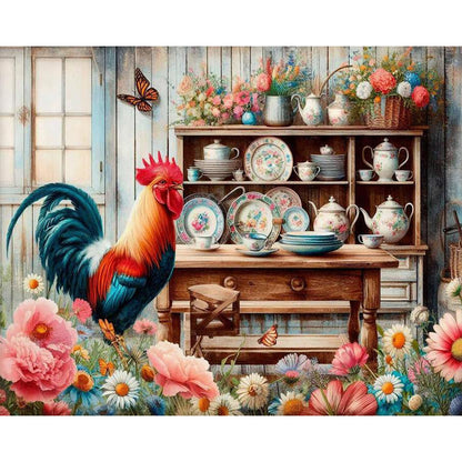 Retro Rooster Kitchen - Full Round Drill Diamond Painting 50*40CM