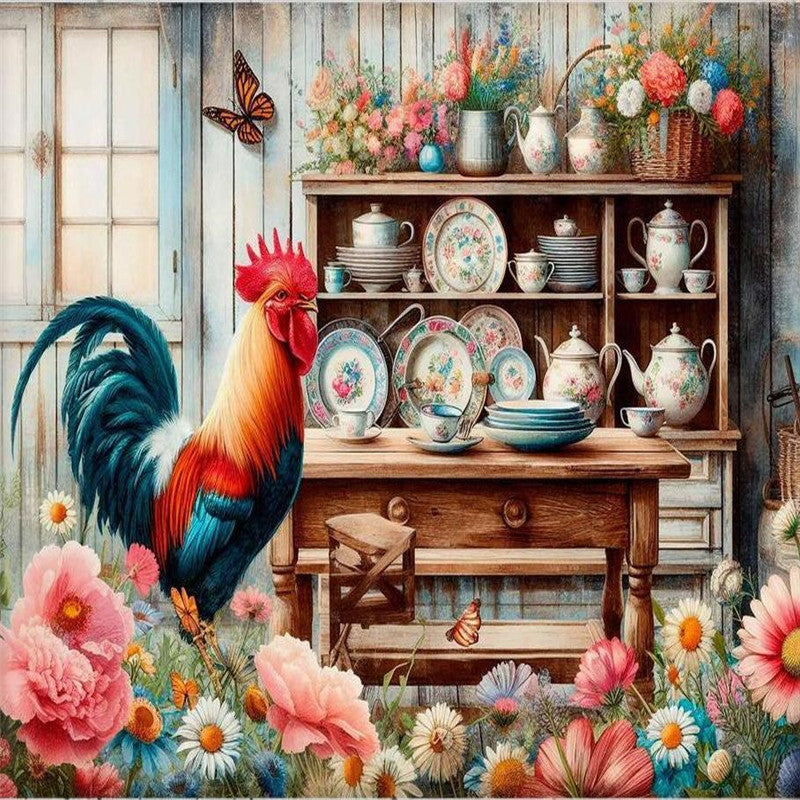Retro Rooster Kitchen - Full Round Drill Diamond Painting 50*40CM