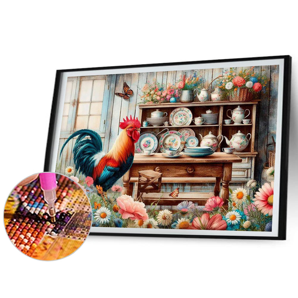 Retro Rooster Kitchen - Full Round Drill Diamond Painting 50*40CM