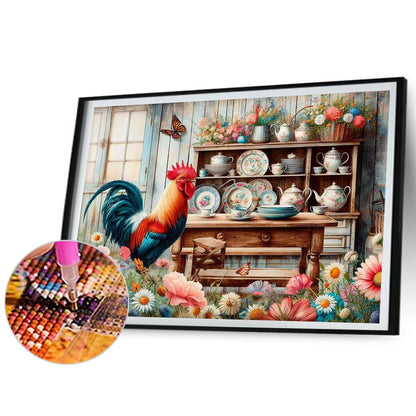 Retro Rooster Kitchen - Full Round Drill Diamond Painting 50*40CM