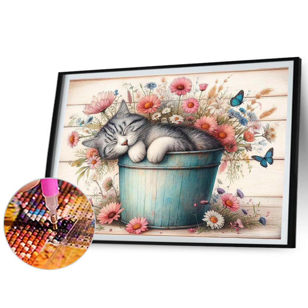 Retro Iron Bucket Cat - Full Round Drill Diamond Painting 50*40CM