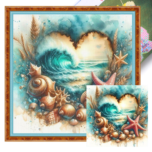 Heart-Shaped Beach Scenery - 11CT Stamped Cross Stitch 40*50CM