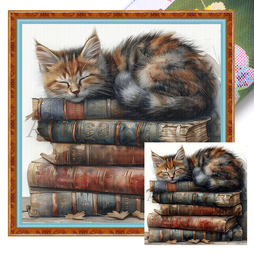 Cat On The Pile Of Books - 11CT Stamped Cross Stitch 40*40CM