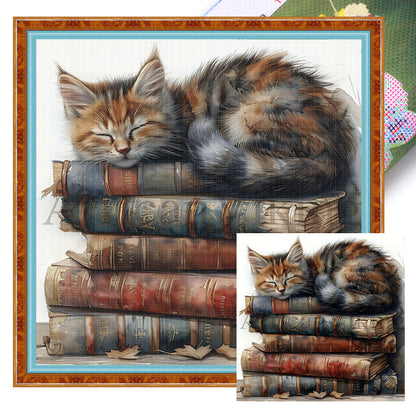 Cat On The Pile Of Books - 11CT Stamped Cross Stitch 40*40CM