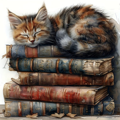 Cat On The Pile Of Books - 11CT Stamped Cross Stitch 40*40CM