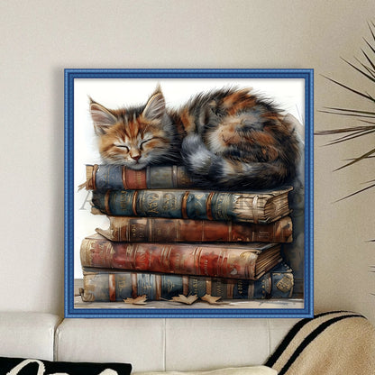 Cat On The Pile Of Books - 11CT Stamped Cross Stitch 40*40CM