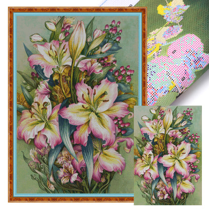 Oil Painting Of Pink Lilies - 14CT Stamped Cross Stitch 55*79CM(Xiaobai Brand)