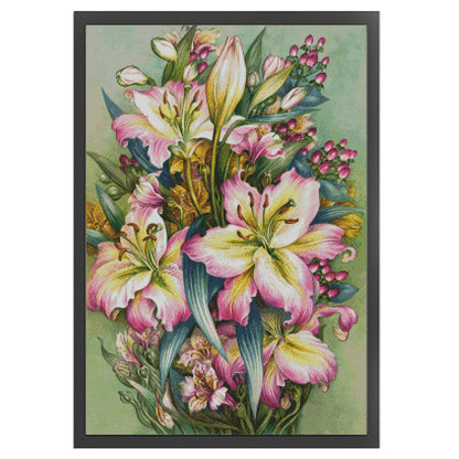 Oil Painting Of Pink Lilies - 14CT Stamped Cross Stitch 55*79CM(Xiaobai Brand)