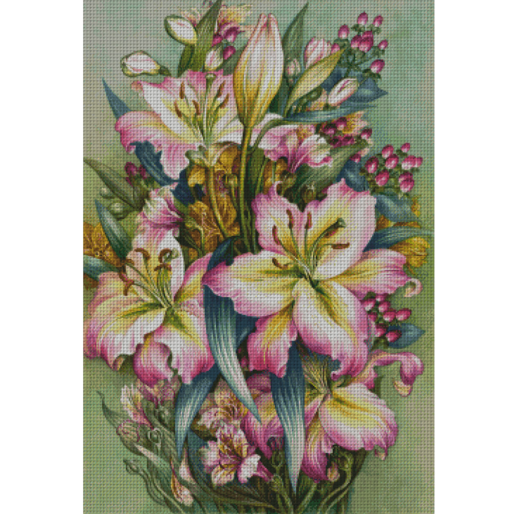 Oil Painting Of Pink Lilies - 14CT Stamped Cross Stitch 55*79CM(Xiaobai Brand)