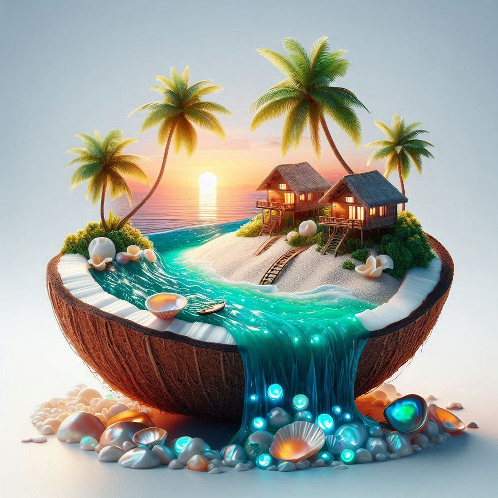 Coconut Shell Resort Island - Full Round Drill Diamond Painting 40*40CM
