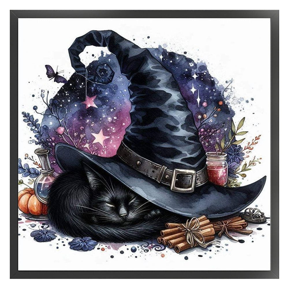 Halloween Wizard Hat Black Cat - 11CT Stamped Cross Stitch 40*40CM