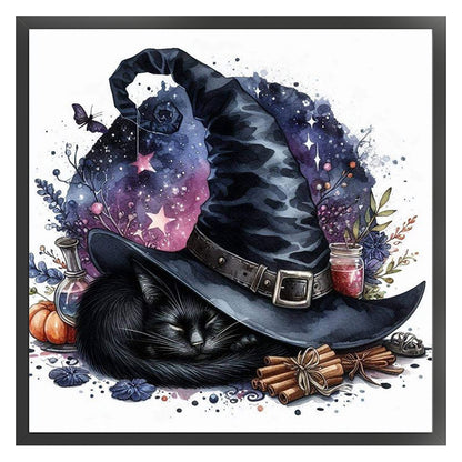 Halloween Wizard Hat Black Cat - 11CT Stamped Cross Stitch 40*40CM