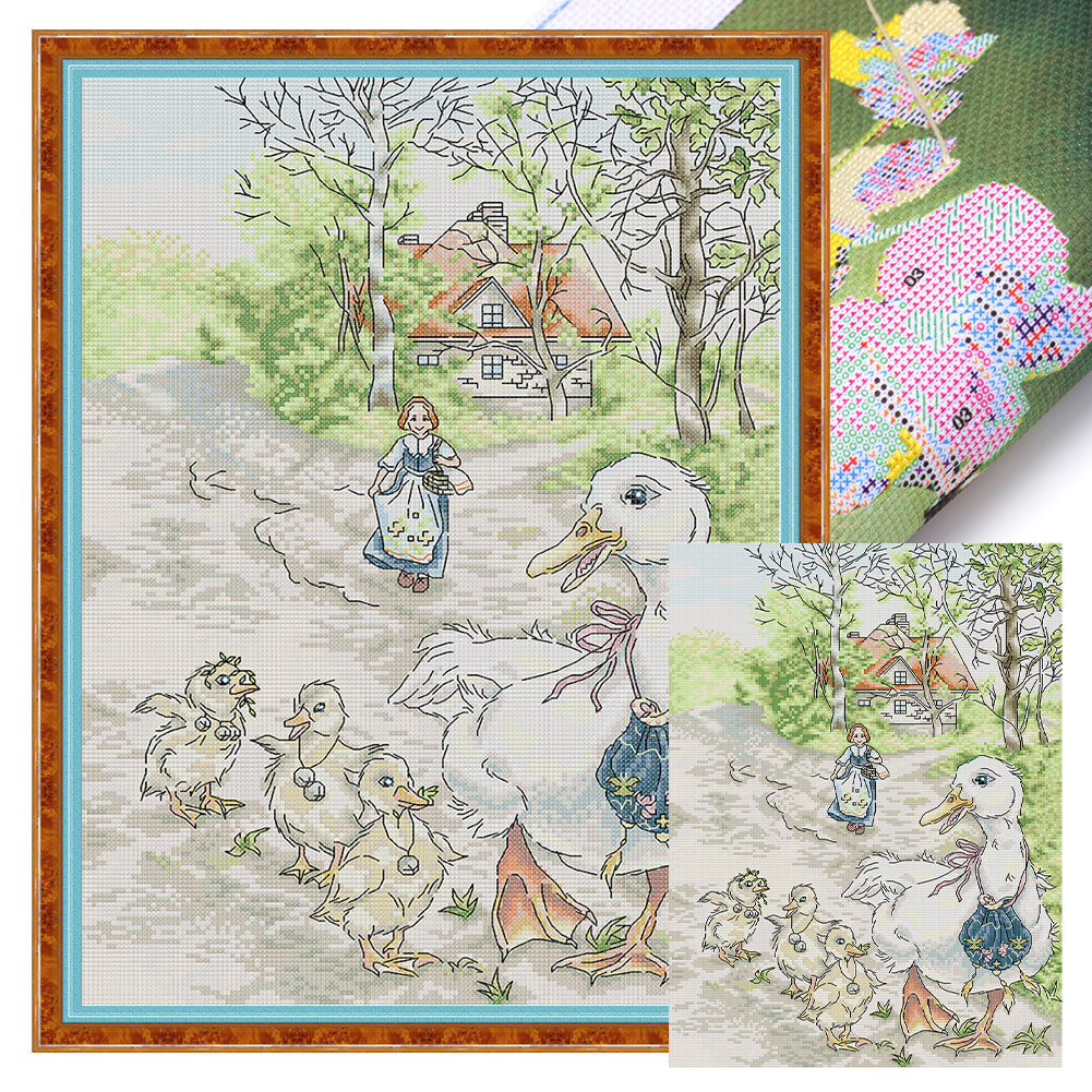 Mother Duck And Her Cubs - 14CT Stamped Cross Stitch 33*44CM(Joy Sunday)