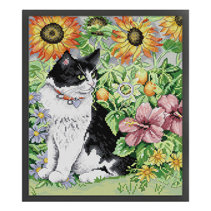 Cat In The Flowers - 14CT Stamped Cross Stitch 30*35CM(Joy Sunday)