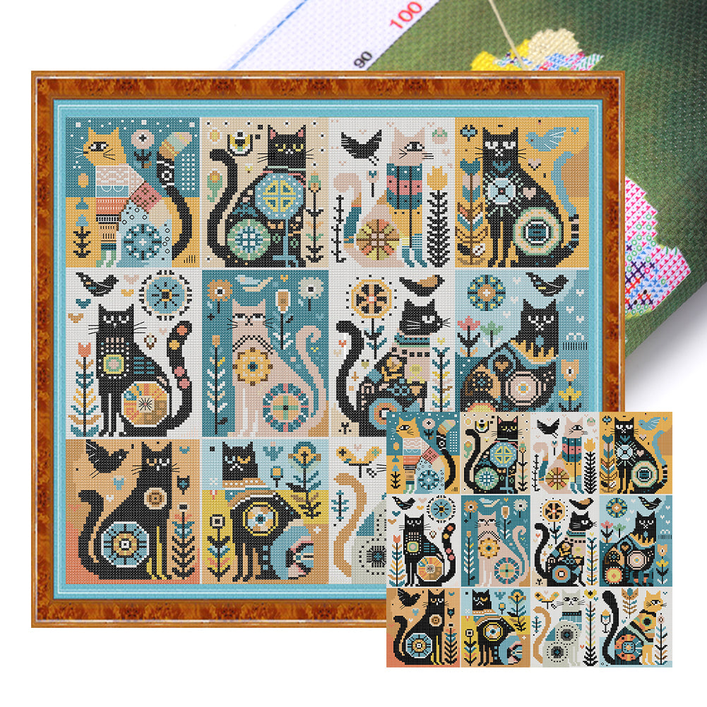 Twelve Black Cats - 14CT Stamped Cross Stitch 46*43CM(Joy Sunday)
