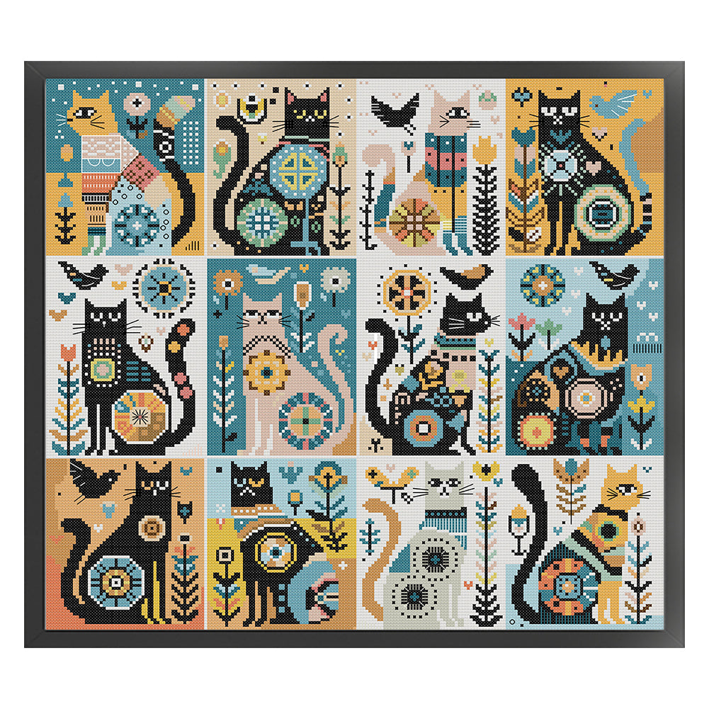 Twelve Black Cats - 14CT Stamped Cross Stitch 46*43CM(Joy Sunday)