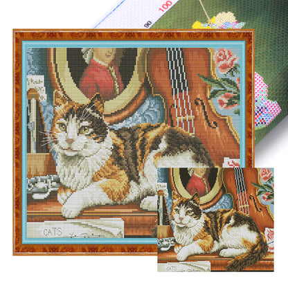 Cat And Piano - 14CT Stamped Cross Stitch 36*31CM(Joy Sunday)