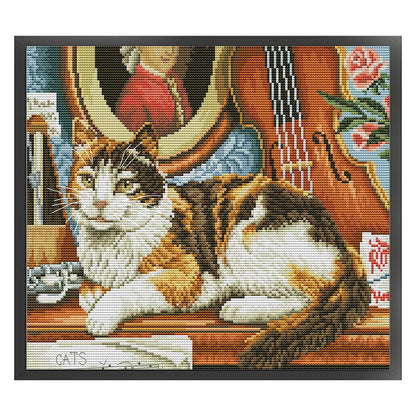 Cat And Piano - 14CT Stamped Cross Stitch 36*31CM(Joy Sunday)
