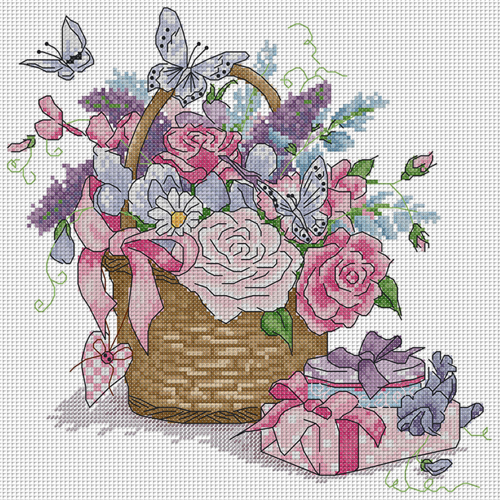 A Basket Of Flowers - 14CT Stamped Cross Stitch 30*30CM(Joy Sunday)