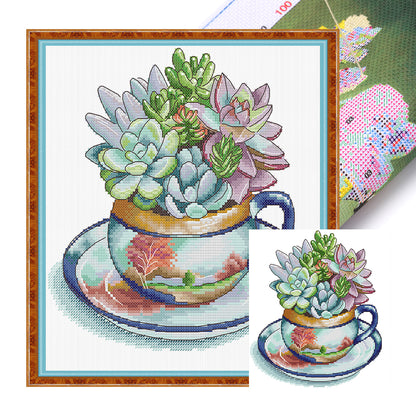 Teacup Succulent Frame - 14CT Stamped Cross Stitch 27*29CM(Joy Sunday)
