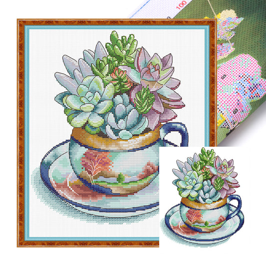 Teacup Succulent Frame - 14CT Stamped Cross Stitch 27*29CM(Joy Sunday)