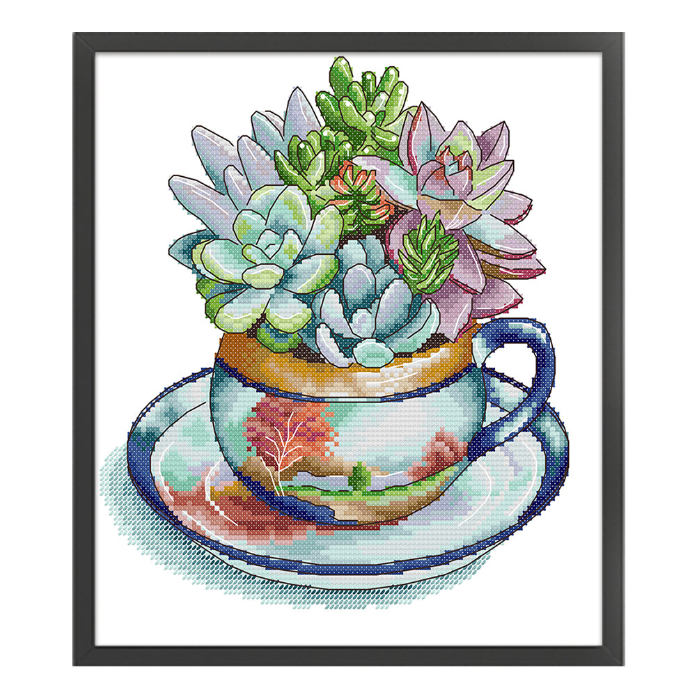 Teacup Succulent Frame - 14CT Stamped Cross Stitch 27*29CM(Joy Sunday)