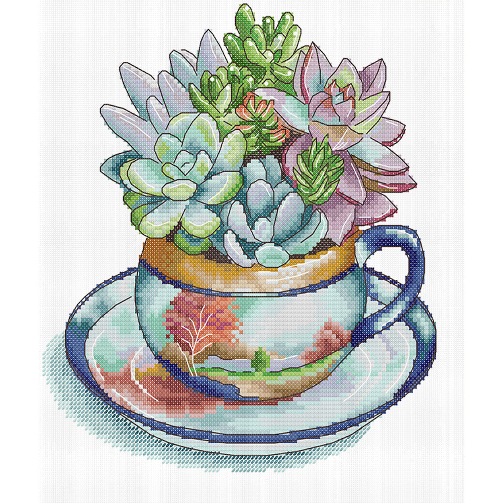 Teacup Succulent Frame - 14CT Stamped Cross Stitch 27*29CM(Joy Sunday)