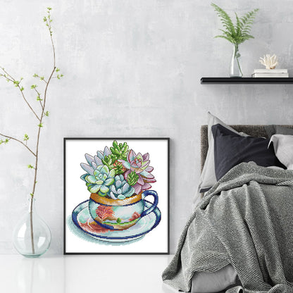 Teacup Succulent Frame - 14CT Stamped Cross Stitch 27*29CM(Joy Sunday)