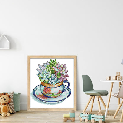 Teacup Succulent Frame - 14CT Stamped Cross Stitch 27*29CM(Joy Sunday)