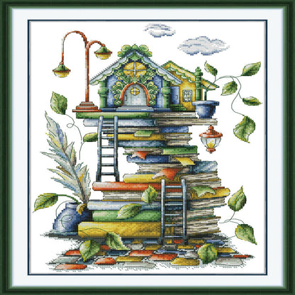 Little House On The Pile Of Books - 14CT Stamped Cross Stitch 31*43CM(Joy Sunday)